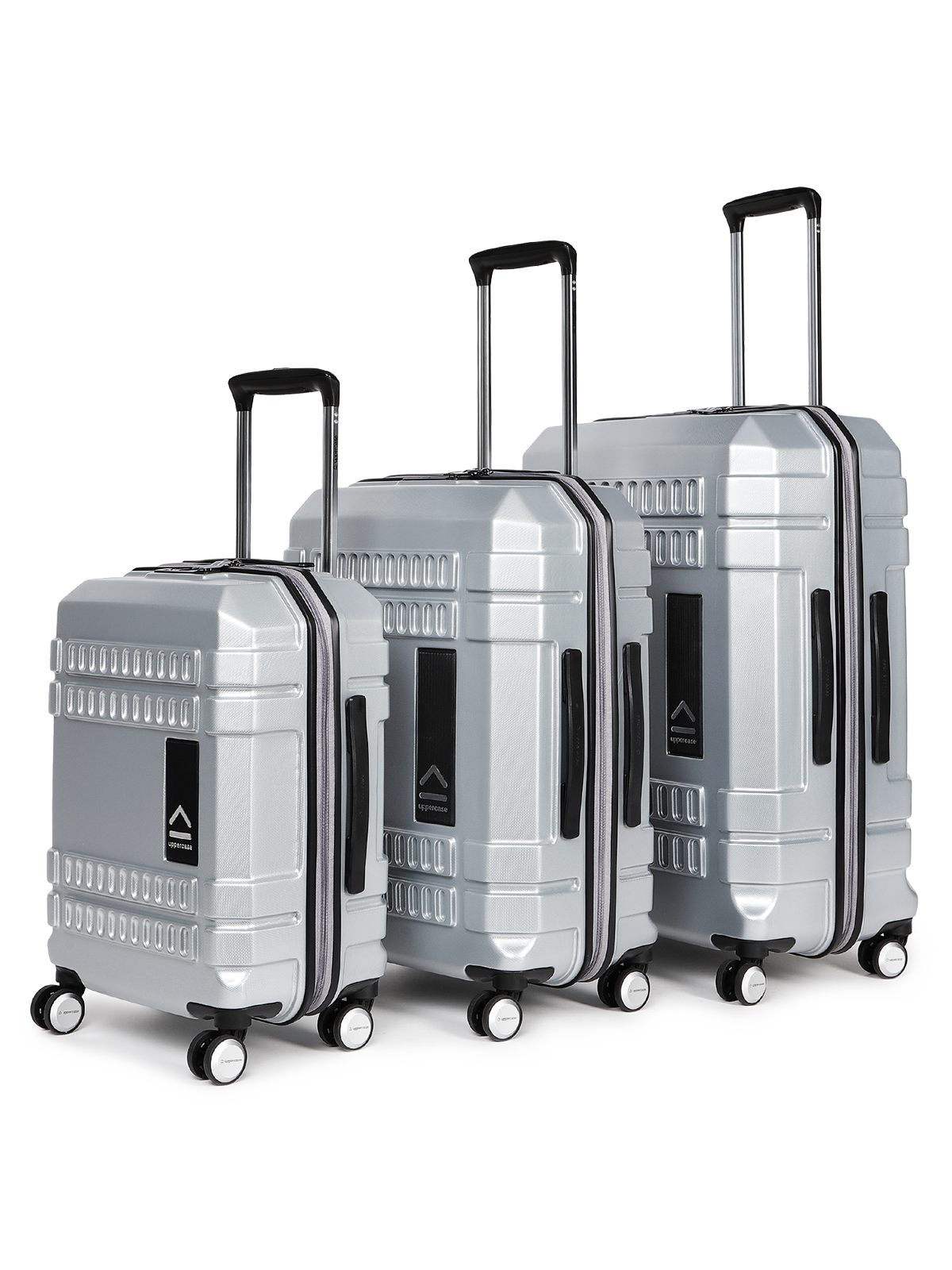 uppercase Bullet Cabin n Check in TSA Lock Hard Printed Trolley Set of 3 Silver