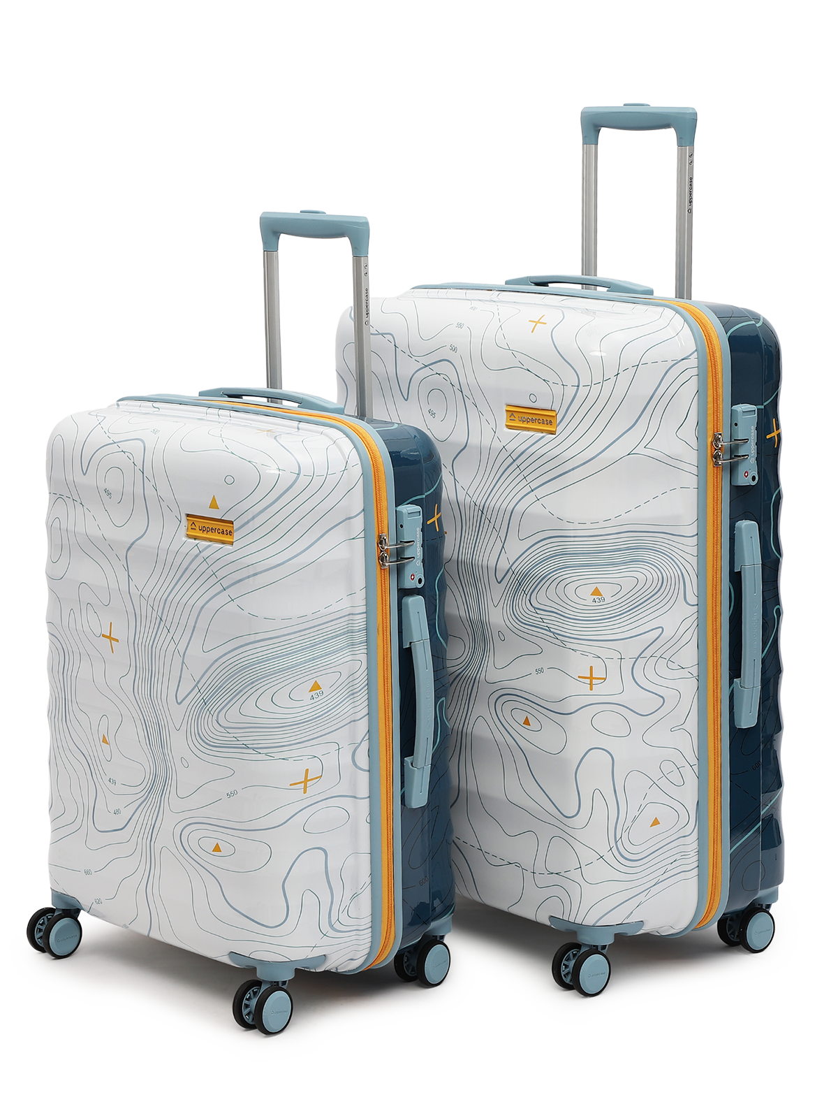 uppercase Topo Set of 2 (M+L) Hardsided Trolley Bag 8 Wheel Sustainable Luggage With TSA Lock & Anti-Theft Zippers Men & Women 2000 Days Warranty by uppercase Dual Tone (White & Blue)