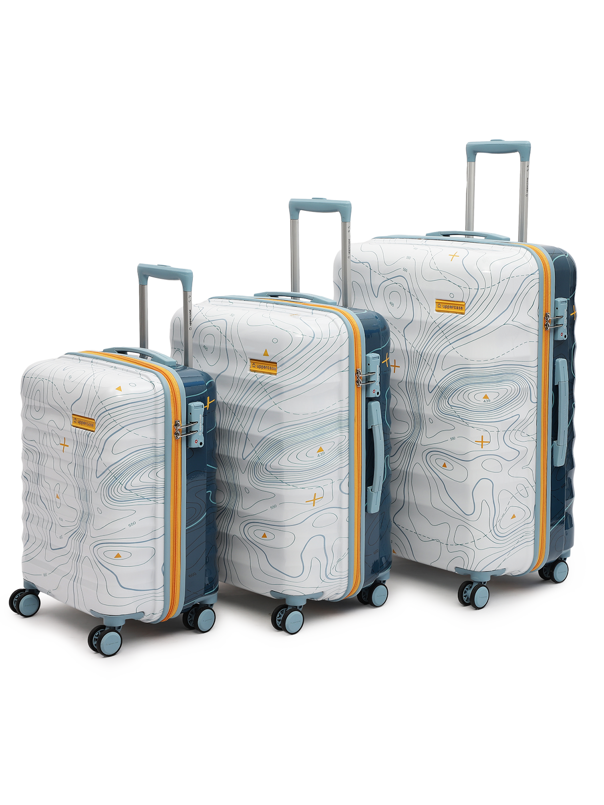 uppercase Topo Set of 3 (S+M+L) Hardsided Trolley Bag 8 Wheel Sustainable Luggage With TSA Lock & Anti-Theft Zippers Men & Women 2000 Days Warranty by uppercase Dual Tone (White & Blue)