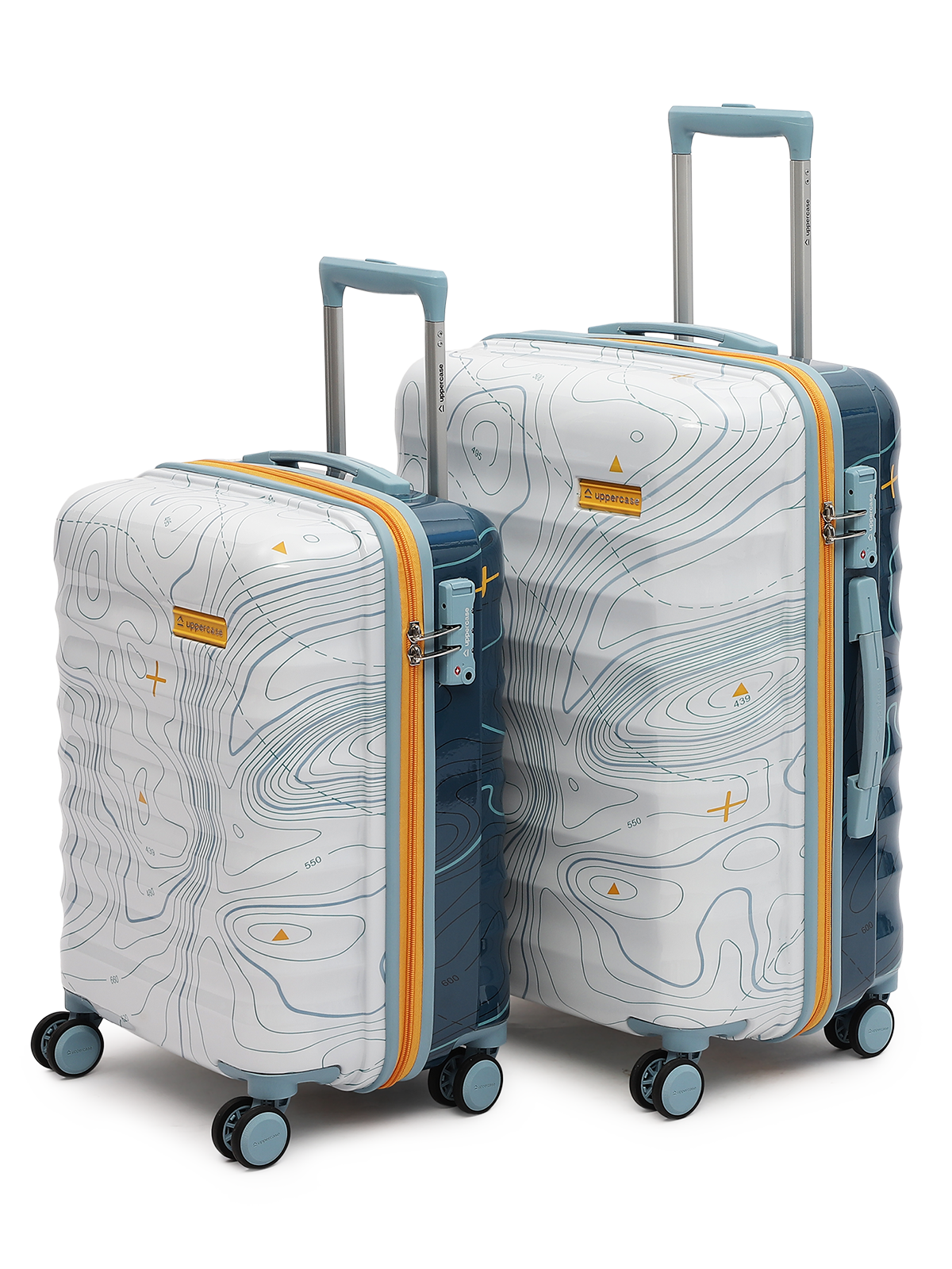 uppercase Topo Set of 2 (S+M) Hardsided Trolley Bag 8 Wheel Sustainable Luggage With TSA Lock & Anti-Theft Zippers Men & Women 2000 Days Warranty by uppercase Dual Tone (White & Blue)