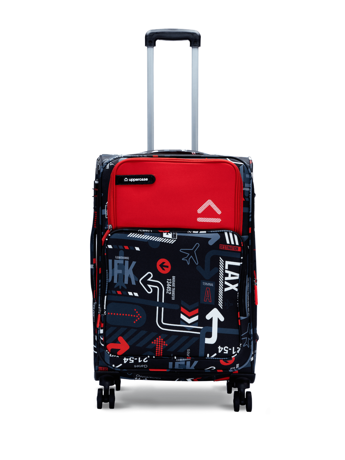 uppercase JFK (Medium) 68cms | Check-in Trolley Bag for travel | Dust-Resistant Eco-Soft Polyester Printed Luggage | Sustainable 8 Wheel Suitcase for Men & Women |2500 Days Warranty (Red)